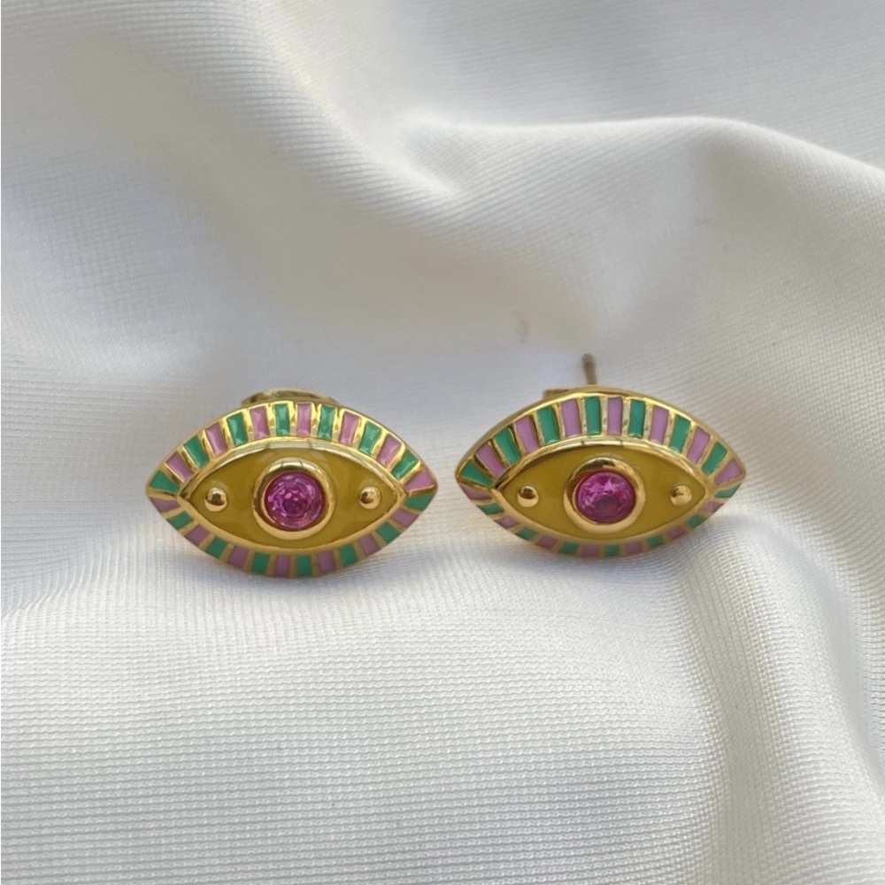 Gold and Pink Eye Stud Earrings - Picture 1 of 5